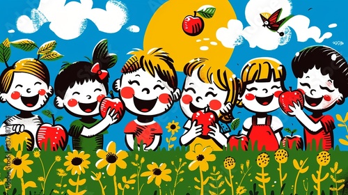 Kids in a sunny park, smiling and enjoying juicy apple slices, playful daytime scene