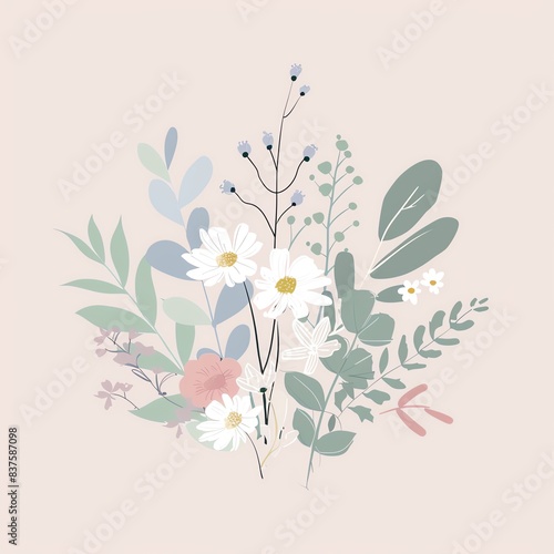 Delicate floral bouquet with white daisies and pastel leaves on a soft pink background.