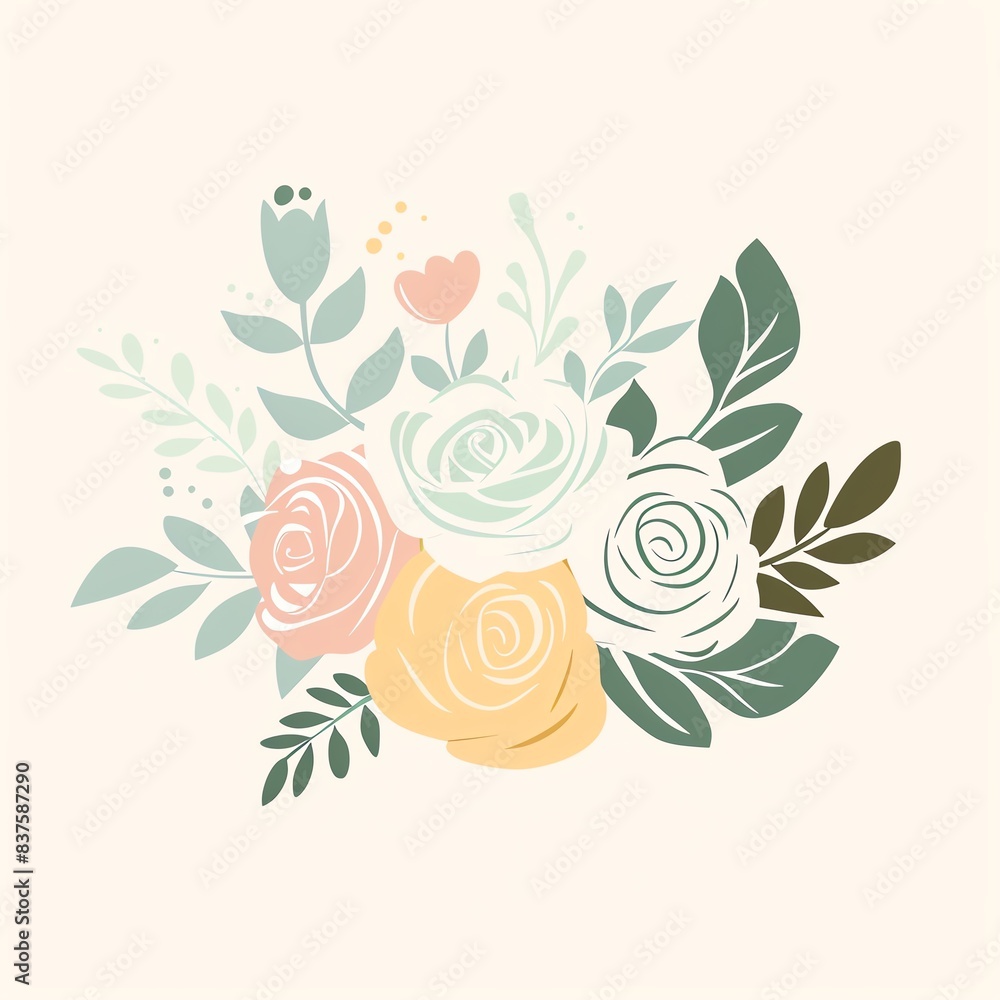 Elegant floral bouquet with roses, leaves, and buds in pastel colors. Elegant floral bouquet with roses, leaves, and buds in pastel colors.