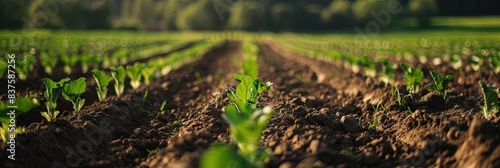 Agriculture and agribusiness concept with rows of crops planted in field ready for harvest