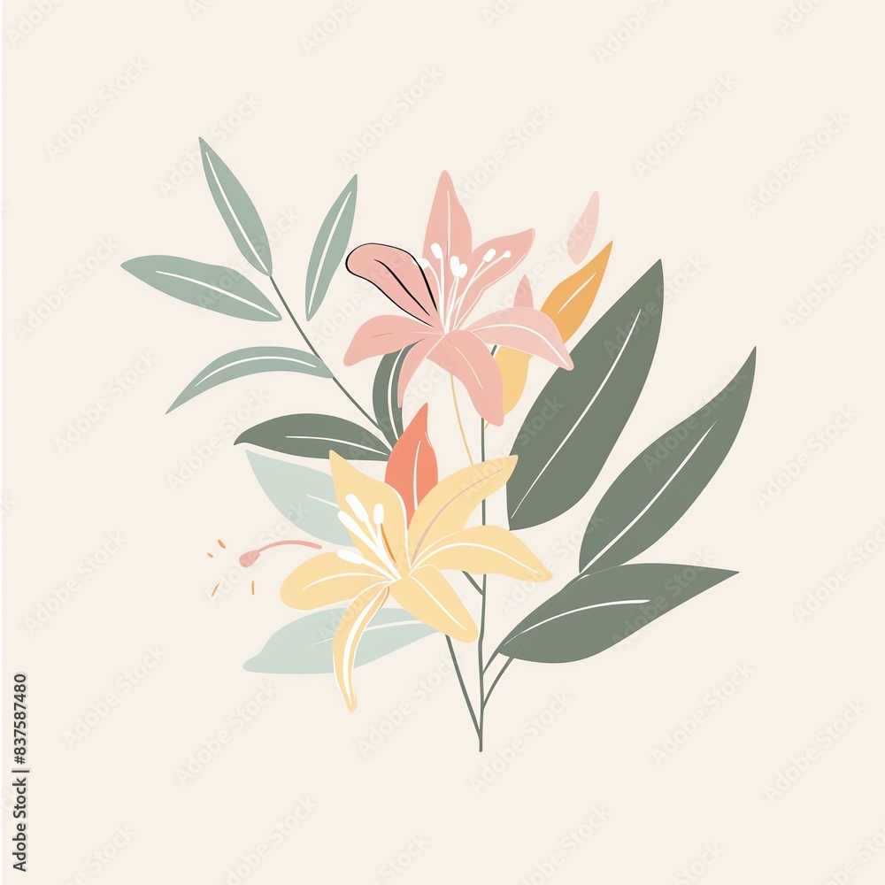 Simple minimalist floral illustration with lilies and leaves. Simple minimalist floral illustration with lilies and leaves.