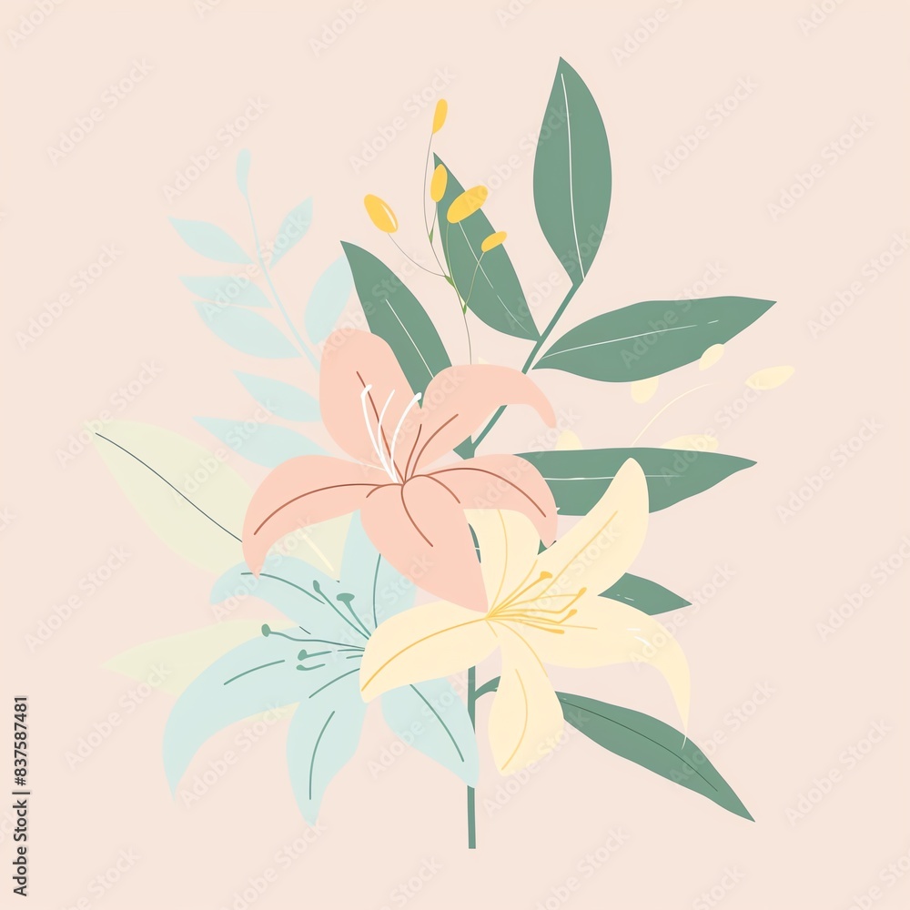 Hand-drawn illustration of a lily flower bouquet with leaves Hand-drawn illustration of a lily flower bouquet with leaves