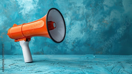 Orange megaphone against blue textured background. Concept of communication, announcement, and marketing strategy. photo