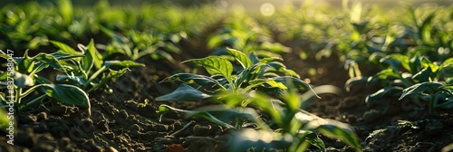 Farming concept with rows of crops in the field ready for harvest