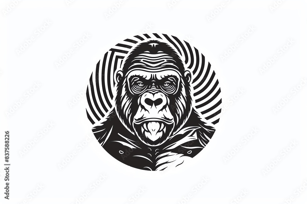 Black and white illustration of a gorilla head with a swirl pattern behind it. Black and white illustration of a gorilla head with a swirl pattern behind it.