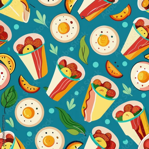 Seamless pattern of breakfast wraps with eggs, bacon, and cheese, Generative AI