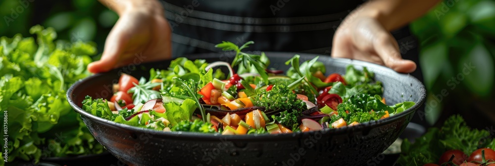 Fresh mixed green salad with various vegetables in a large black bowl, held by a person in a kitchen setting with lush greenery in the background. Fresh mixed green salad with various vegetables in a large black bowl, held by a person in a kitchen setting with lush greenery in the background.
