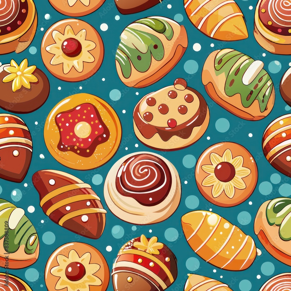 Seamless pattern of Danish pastries with icing and fruit fillings, Generative AI Seamless pattern of Danish pastries with icing and fruit fillings, Generative AI