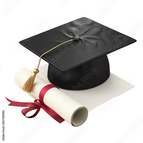 Graduation cap and diploma scroll representing academic achievement and success in education. Ideal for graduation and educational themes.