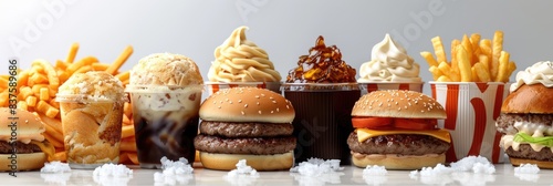 Variety of fast food items including burgers, fries, ice cream, and sodas arranged in a row on a white background. photo