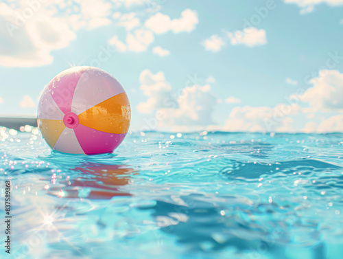 Tropical Summer Holiday Vibes Colorful Beach Ball on Luxury Swimming Pool with Copy Space Banner