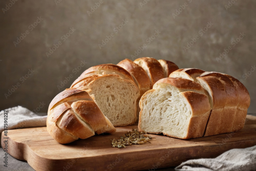 Slices of fresh white bread elegantly arranged on a rustic wooden board Slices of fresh white bread elegantly arranged on a rustic wooden board