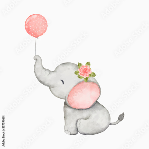 Watercolor baby elephant holding balloon. African baby animal for baby shower girl, nursery decorations, birthday invitations vector