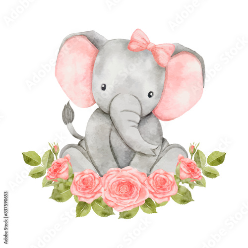 Watercolor baby elephant sitting in flowers wreath. African baby animal for baby shower girl, nursery decorations, birthday invitations vector