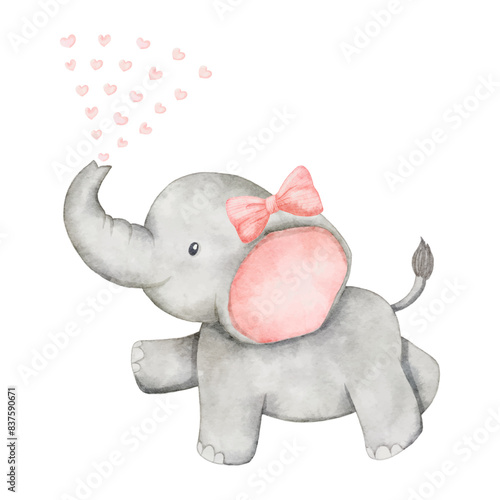 Watercolor baby elephant jumping and spitting the hearts into the sky. African baby animal for baby shower girl, nursery decorations, birthday invitations vector