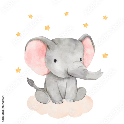 Watercolor baby elephant sitting on a cloud. African baby animal for baby shower girl, nursery decorations, birthday invitations vector