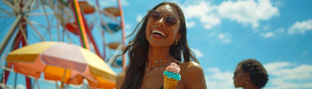 Friends at a Brooklyn festival, colorful Ferris wheel, ice cream cones in hand, enjoying a summer day together 8K , high-resolution, ultra HD,up32K HD Friends at a Brooklyn festival, colorful Ferris wheel, ice cream cones in hand, enjoying a summer day together 8K , high-resolution, ultra HD,up32K HD