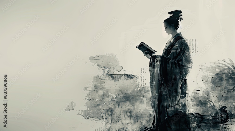 Ancient Chinese literati, holding a book in hand, standing to read, with distinct muscle lines in their posture. Dressed in ancient Chinese attire, the side profile plays a solo, against a background Ancient Chinese literati, holding a book in hand, standing to read, with distinct muscle lines in their posture. Dressed in ancient Chinese attire, the side profile plays a solo, against a background