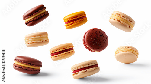 Wallpaper Mural Colorful Macarons in Flight. A vibrant assortment of macarons suspended in mid-air against a clean white background. Torontodigital.ca