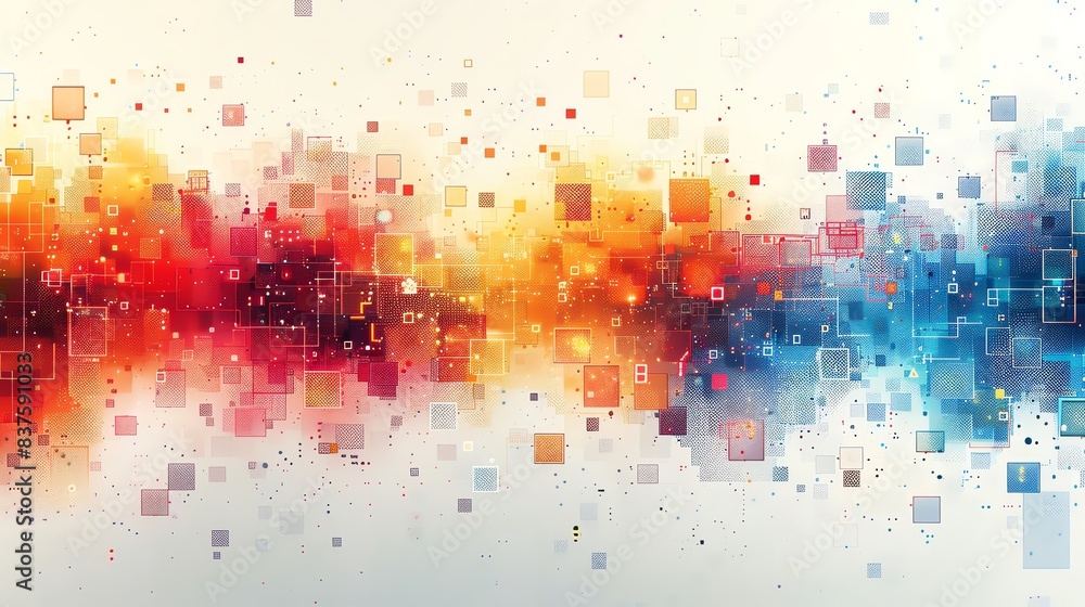 Magazine-style vector illustration of an abstract background with colorful pixel blocks, forming a digital grid pattern with rainbow color squares, ideal for web, print, and social Magazine-style vector illustration of an abstract background with colorful pixel blocks, forming a digital grid pattern with rainbow color squares, ideal for web, print, and social