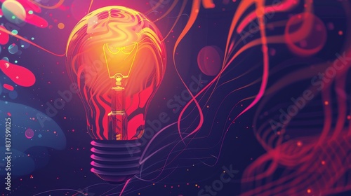 A glowing light bulb with abstract colorful designs in the background.  A concept of inspiration and creativity. photo