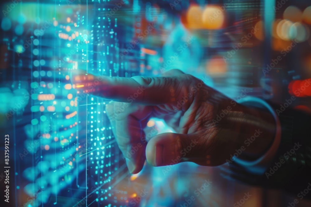 A hand interacts with a digital interface, showcasing futuristic technology and data visualization. A hand interacts with a digital interface, showcasing futuristic technology and data visualization.