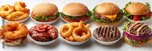 Assorted burgers with onion rings and grilled patties, featuring cheese, lettuce, and tomatoes on sesame seed buns. Perfect for fast food lovers.