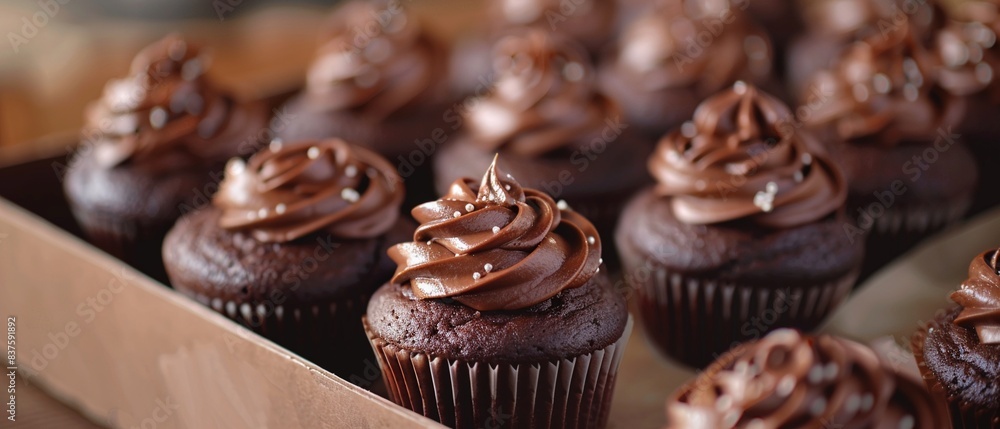 Box of chocolate cupcakes with elegant frosting, soft and warm lighting, rich and indulgent dessert 8K , high-resolution, ultra HD,up32K HD Box of chocolate cupcakes with elegant frosting, soft and warm lighting, rich and indulgent dessert 8K , high-resolution, ultra HD,up32K HD