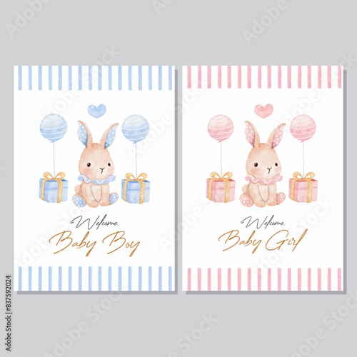 Watercolor baby shower invitation card for baby and kids new born celebration vector 006