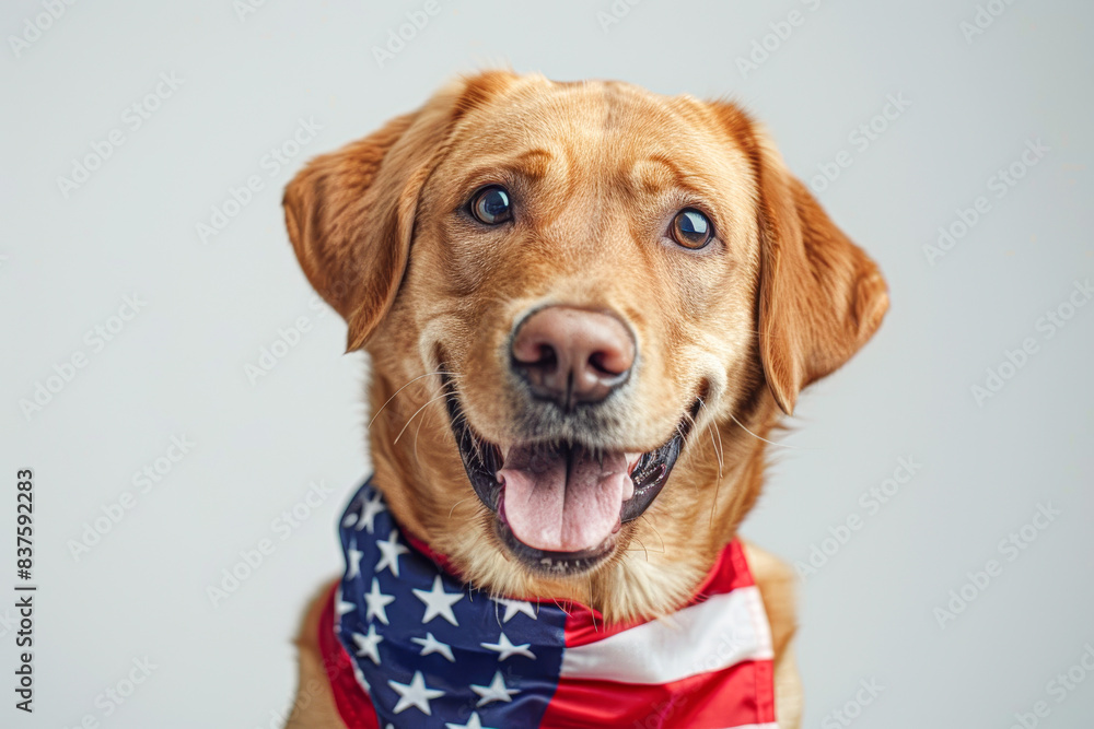 Patriotic Labrador Retriever Dog Wearing USA Flag Bow, Standing and Smiling on White Background Patriotic Labrador Retriever Dog Wearing USA Flag Bow, Standing and Smiling on White Background