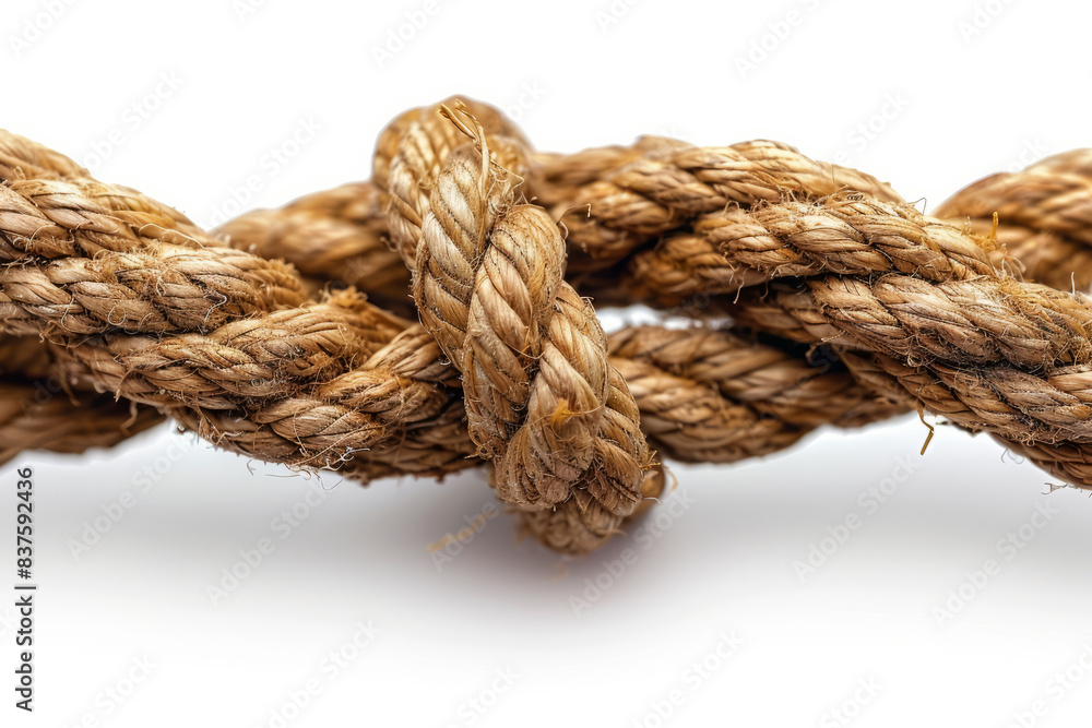 Fototapeta premium Connected concept , Different ropes tied isolate on white with clipping path,generative ai