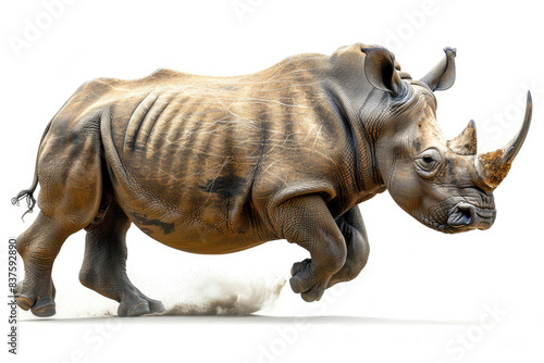 A rhino charging  muscles tense  isolated on a white background