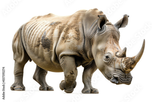 A rhino charging  muscles tense  isolated on a white background