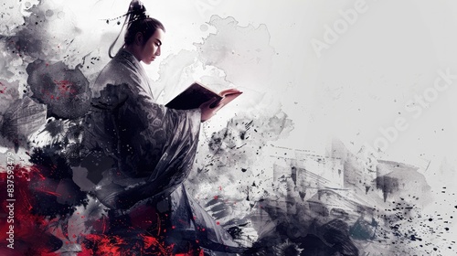 Ancient Chinese literati, holding a book in hand, standing to read, with distinct muscle lines in their posture. Dressed in ancient Chinese attire, the side profile plays a solo, against a background  photo