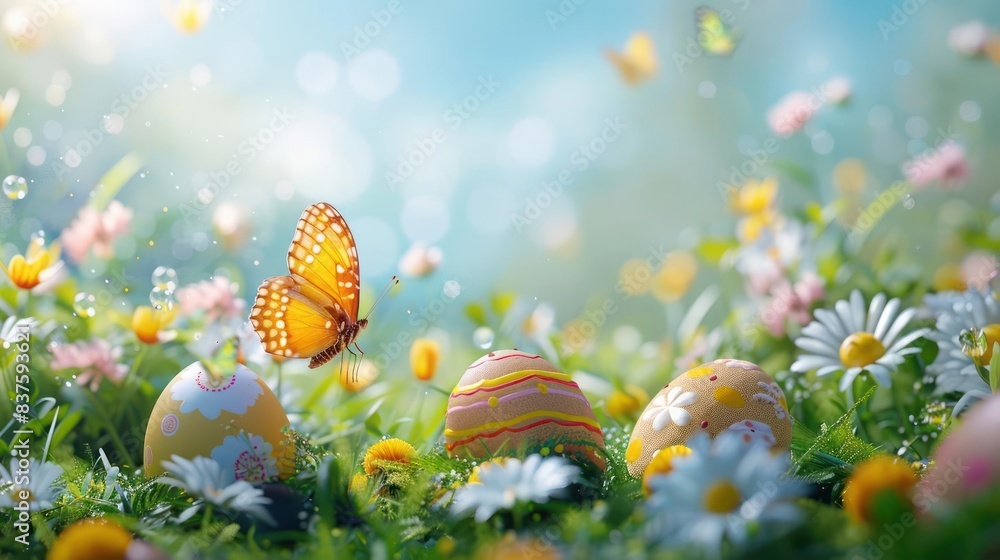 Enchanted Easter Tableau, A Kaleidoscope of Color with Butterflies, Blossoms, and Bountiful Eggs Amidst a Lush Green Field Under a Serene Sky Enchanted Easter Tableau, A Kaleidoscope of Color with Butterflies, Blossoms, and Bountiful Eggs Amidst a Lush Green Field Under a Serene Sky
