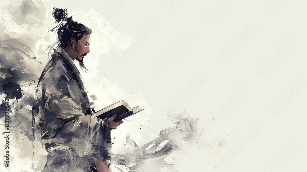 Ancient Chinese literati, holding a book in hand, standing to read, with distinct muscle lines in their posture. Dressed in ancient Chinese attire, the side profile plays a solo, against a background Ancient Chinese literati, holding a book in hand, standing to read, with distinct muscle lines in their posture. Dressed in ancient Chinese attire, the side profile plays a solo, against a background