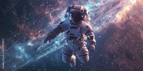 Astronaut floating in the depths of outer space - exploring the galaxy and universe in a space suit