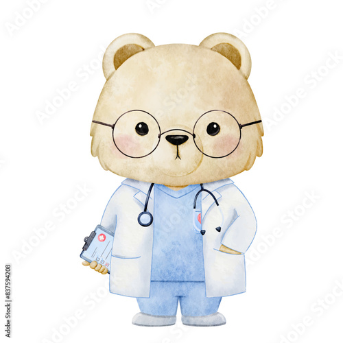 Watercolor Bear Doctor, Animal cute Doctor watercolor kids illustration isolated on white background. Medical children design vector