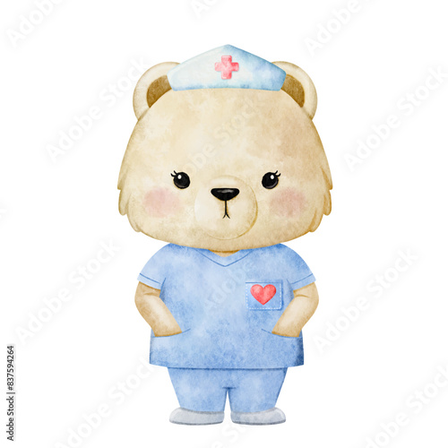 Watercolor Bear Nurse, Animal cute Nurse watercolor kids illustration isolated on white background. Medical children design vector