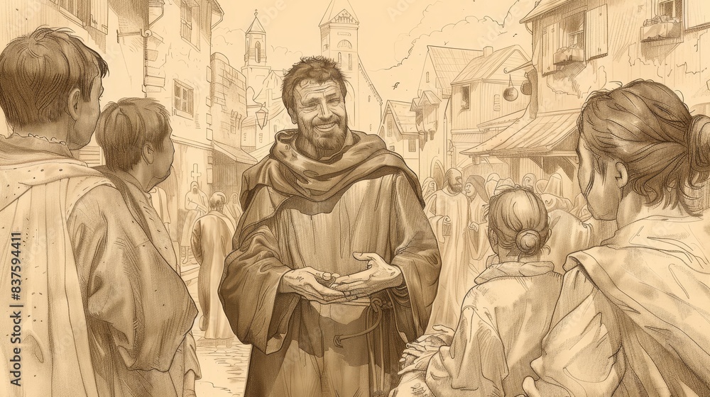 Saint Hugh of Lincoln caring for the needy, compassionate expression, medieval city, beige background, Biblical Illustration, copyspace Saint Hugh of Lincoln caring for the needy, compassionate expression, medieval city, beige background, Biblical Illustration, copyspace