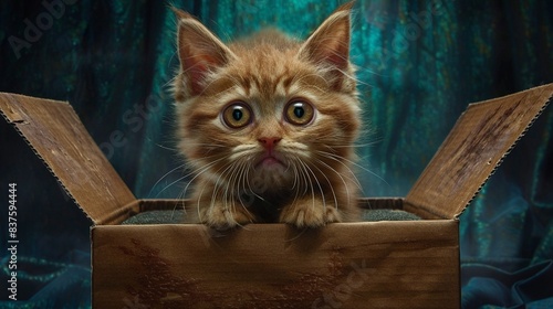 Fluffy kitten peeking out of a cardboard box, wideeyed and adorable, dark backdrop photo