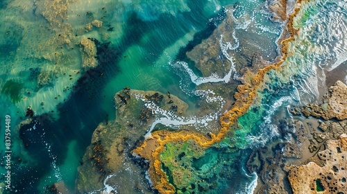 Wallpaper Mural Aerial view of vibrant coastal colors and textures, showcasing the natural beauty of oceanic and rocky formations. Breathtaking and serene landscape. Torontodigital.ca