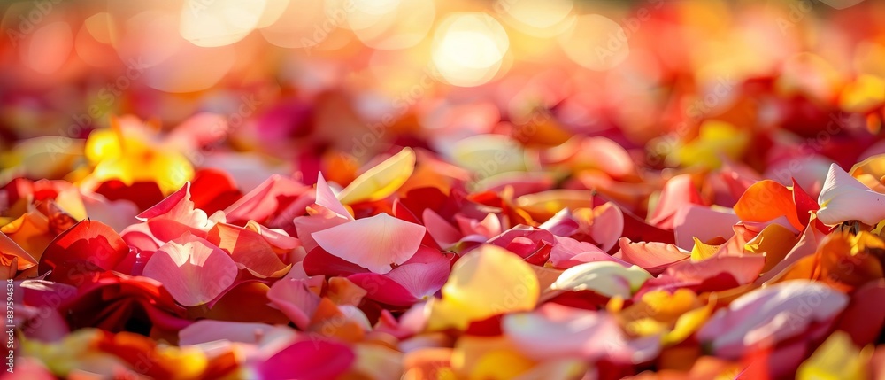 Colorful rose petals scattered on the ground with a beautiful bokeh background, creating a vibrant and romantic atmosphere.