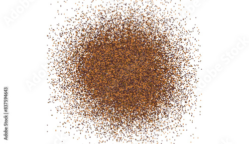 Coffee or chocolate powder, flying dust particles. Coffee colored dust grain texture isolated on white background. Crushed granules of sand or brown cane sugar. Vector illustration of spilled powder.