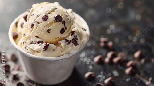 Creamy vanilla and chocolate chip ice cream in a cup, garnished with chocolate pieces, dark and cozy setting photo