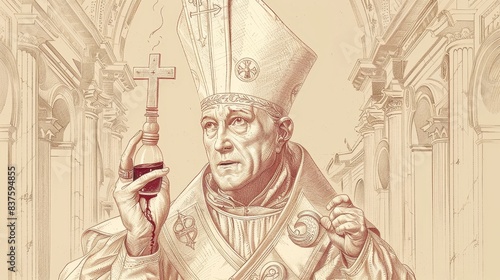 Wallpaper Mural Saint Januarius in Bishop Attire with Vial, Reflecting Miracle in Jerusalem, Beige Background Copyspace Torontodigital.ca