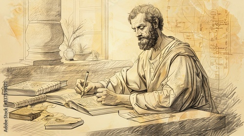 Saint Luke the Evangelist writing his Gospel, reflecting his author and physician role. Simple attire, focused expression, ancient manuscripts, peaceful study. Biblical Illustration, Beige Background,