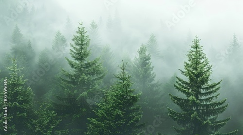 Green forest on misty mountain ridge