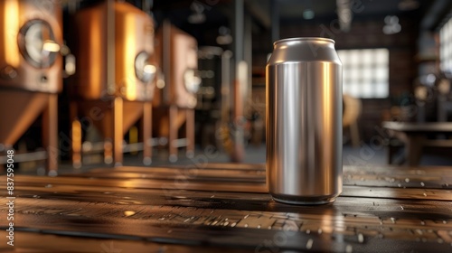 Aluminum can on wooden table in brewery