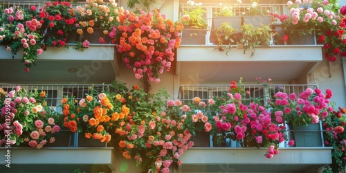 Balcony garden with blooming colorful roses